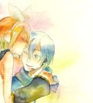  1girl bad_id bad_pixiv_id blue_eyes blue_hair blue_scarf closed_eyes detached_sleeves headphones headset kagamine_rin kaito kiss microphone no+bi= scarf traditional_media vocaloid watercolor_(medium) 