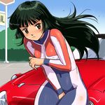  blush bodypaint breasts car covered_nipples covering covering_crotch green_hair ground_vehicle haruyama_kazunori long_hair lowres motor_vehicle ono_reiko small_breasts solo yoroshiku_mechadock 