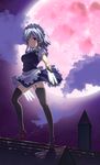  between_fingers black_legwear breasts garter_straps high_heels highres hyouju_issei izayoi_sakuya knife large_breasts legs lingerie long_legs moon purple_eyes red_moon rooftop shoes short_hair silver_hair solo thighhighs thighs touhou underwear 