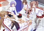  absurdres artbook between_breasts blue_eyes blue_hair breasts brown_hair curling curling_stone duplicate highres kinoshita_tomomi konayuki_fururi large_breasts long_hair matsushima_koyuki midou_iori multiple_girls nakahara_asami pantyhose peko red_eyes ribbon scan skirt socks thighhighs twintails uniform very_long_hair yoshioka_saeko 