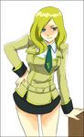  arm_support artist_request ashford_academy_uniform bare_legs black_skirt blonde_hair blue_eyes breasts closed_mouth code_geass cowboy_shot expressionless hand_on_hip large_breasts leaning_forward long_hair long_sleeves looking_at_viewer milly_ashford miniskirt school_uniform shaded_face simple_background skirt solo white_background 