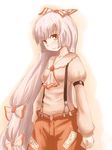  ascot bangs bow brooch fujiwara_no_mokou gem hair_bow jewelry kokotetsu long_hair long_sleeves looking_at_viewer ofuda red_eyes solo standing suspenders touhou very_long_hair white_hair 