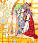  bad_id bad_pixiv_id barefoot bow detached_sleeves feet green_hair hair_bow hair_ornament hakurei_reimu hexagon honeycomb_(pattern) honeycomb_background inuzuka_bouru japanese_clothes kochiya_sanae long_hair long_legs multiple_girls touhou yellow_eyes yuri 