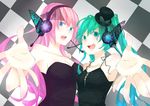  aqua_eyes aqua_hair bad_id bad_pixiv_id blue_eyes butterfly_hair_ornament hair_ornament hakobi hat hatsune_miku headphones headset long_hair magnet_(vocaloid) megurine_luka mini_hat mini_top_hat multiple_girls pink_hair smile top_hat twintails vocaloid 