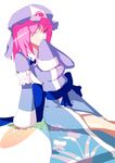  bad_id bad_pixiv_id hat japanese_clothes kaw legs one_eye_closed pink_eyes pink_hair saigyouji_yuyuko sitting solo touhou 