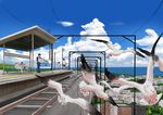  4boys bench bird child city cityscape cloud copyright_request day kumosuke landscape multiple_boys multiple_girls newspaper ocean outdoors reading scenery seagull sitting sky train_station 