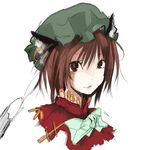  animal_ears bow bowtie cat_ears chen close-up closed_mouth dress face frills green_bow green_neckwear hat kereno lips looking_at_viewer mob_cap pointy_ears red_dress short_hair smile solo touhou upper_body 
