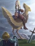  1girl agrias_oaks ahoge armor blonde_hair blue_eyes chocobo cloud final_fantasy final_fantasy_tactics gloves open_mouth rain ramza_beoulve riding roten saddle sitting sky sword weapon 