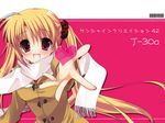  barcode blonde_hair blush coat fate_testarossa hayashi_sakura heart long_hair lyrical_nanoha mahou_shoujo_lyrical_nanoha_strikers red_eyes scarf smile solo twintails 