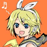  bad_id bad_pixiv_id blonde_hair blue_eyes hair_ornament hairclip headphones headset kagamine_rin lowres microphone musical_note samu_(pixiv) short_hair solo vocaloid 