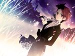  alternate_hairstyle brown_hair dutch_angle flower formal gloves glowing hair_ornament hima_(ab_gata) lace meiko moon pant_suit scarf short_hair solo standing suit veil vocaloid 