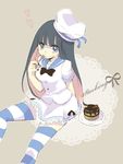  :&gt; beret cake doily dress eating food fork hat heart kmgkmgk long_hair panty_&amp;_stocking_with_garterbelt plate short_sleeves simple_background sitting skirt solo stocking_(psg) striped striped_legwear thighhighs zettai_ryouiki 