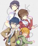  adjusting_eyewear bad_id bad_pixiv_id baseball_bat blazer blue_eyes blush brief_(psg) brown_hair cravat crossover dress_shirt glasses handheld_game_console haro jacket kami_nomi_zo_shiru_sekai katsuragi_keima kousaka_kyousuke male_focus mm! multiple_boys nail nail_bat nakayama_miyuki necktie open_mouth orange_hair ore_no_imouto_ga_konna_ni_kawaii_wake_ga_nai panty_&amp;_stocking_with_garterbelt playstation_portable sado_tarou school_uniform season_connection shirt wavy_mouth 