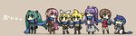  4girls :d aqua_hair bangs black_skirt blonde_hair blue_hair blue_scarf boots brown_background brown_hair brown_legwear brown_skirt chan_co chibi clenched_teeth copyright_name crossed_arms detached_sleeves hair_ornament hatsune_miku headphones high_ponytail holding_hands kagamine_len kagamine_rin kaito kamui_gakupo knee_boots kneeling leaning_forward long_hair long_sleeves looking_back megurine_luka meiko miniskirt multiple_boys multiple_girls open_mouth pants pink_hair ponytail pulling purple_hair red_skirt scarf shared_scarf short_hair shorts side_slit sidelocks simple_background skirt skirt_set smile standing strangling sweatdrop teeth thigh_boots thighhighs vocaloid wide_sleeves 