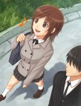  1girl akito_(akitotika) amagami bag black_hair brown_eyes brown_hair from_above happy kibito_high_school_uniform long_sleeves musical_note no_eyes sakurai_rihoko school_bag school_uniform short_hair skirt socks sweatdrop walking white_legwear 