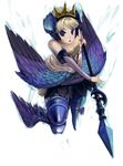  armor armored_dress bad_id bad_pixiv_id bare_shoulders blue_eyes boots crown dress elbow_gloves full_body gloves gwendolyn multicolored multicolored_wings odin_sphere polearm roten solo spear strapless strapless_dress thigh_boots thighhighs valkyrie weapon white_background white_hair wings 