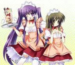  ;d breast_envy brown_hair clannad fujibayashi_kyou ibuki_fuuko long_hair multiple_girls one_eye_closed open_mouth paco parfait purple_eyes purple_hair ribbon-trimmed_legwear ribbon_trim smile thighhighs tray twintails very_long_hair waitress white_legwear yellow_eyes 