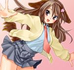  animal_ears blush brown_hair collar drawr hikabe_sakuho jacket long_hair necktie open_mouth original outstretched_arms pleated_skirt skirt smile solo spread_arms tail 