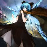  blue_eyes blue_hair bow card cirno cirno-nee hair_bow holding holding_card ice older pupps scarf short_hair sky solo spell_card touhou tsurime 