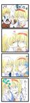  4koma alice_margatroid angry bad_id bad_pixiv_id blonde_hair blue_eyes colored_eyelashes comic cup eyelashes hairband highres holding_needle kirisame_marisa kiss long_hair multiple_girls needle no+bi= pout sewing shanghai_doll short_hair tea teacup touhou translated trembling wince wrist_grab yellow_eyes yuri 