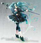  ankle_boots aqua_eyes aqua_hair boots detached_sleeves dress hair_ribbon hatsune_miku highres leggings long_hair microphone microphone_stand plastick ribbon shoes smile solo twintails very_long_hair vocaloid 