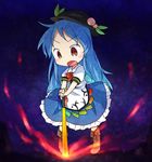  blue_hair blush boots chibi dress food frilled_dress frilled_skirt frills fruit hat hinanawi_tenshi leaf long_hair molten neck_ribbon peach red_eyes ribbon skirt solo sun_hat sword sword_of_hisou touhou very_long_hair weapon yamabuki_(yusuraume) 