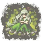  bad_id bad_pixiv_id dress ex-keine green_dress horns kamishirasawa_keine long_hair looking_at_viewer nako_(gnocchi) puffy_short_sleeves puffy_sleeves red_eyes short_sleeves sidelocks silver_hair simple_background solo touhou white_background 