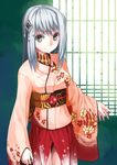  bangs closed_mouth cowboy_shot expressionless floral_print grey_eyes hair_ornament japanese_clothes kimono long_hair long_sleeves looking_at_viewer murata_taichi obi original sash silver_eyes silver_hair smile solo standing wide_sleeves 