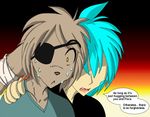  basitin blue_hair brown_fur clothing english_text eye_patch eyewear fur hair human keith_keiser male mammal nothingissure plain_background shocked sweat text tom_fischbach trace_legacy twokinds 