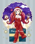  1girl 2011 ;o alternate_hairstyle animal_costume antlers bare_shoulders bell big_hair boots box closed_eyes crossed_legs dated dress earrings elbow_gloves fur_trim gen_1_pokemon gloves hair_ribbon hair_slicked_back hat heart jewelry kojirou_(pokemon) long_hair meowth merry_christmas musashi_(pokemon) one_eye_closed pokemon pokemon_(anime) pokemon_(creature) purple_eyes purple_hair red_footwear red_gloves red_hair red_skirt reindeer_costume ribbon santa_costume santa_hat short_dress sitting skirt star strapless strapless_dress thigh_boots thighhighs twintails usao_(313131) 