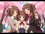 ;d age_comparison anna_(mirai_nostalgia) blush breasts brown_hair cherry_blossoms girl_sandwich hands_on_shoulders large_breasts long_hair medium_breasts mirai_nostalgia multiple_girls one_eye_closed open_mouth purple_eyes sandwiched school_uniform skirt smile tree two_side_up v yatsuashi_matomo 