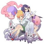  adjusting_eyewear araragi_(pokemon) bare_legs black_hair blush brown_hair chair cinccino cup earrings flower gen_5_pokemon glasses green_eyes hair_flower hair_ornament hand_in_pocket jewelry labcoat long_hair makomo_(pokemon) minccino multiple_girls munna musharna office_chair pencil_skirt poke_ball pokemon pokemon_(creature) pokemon_(game) pokemon_bw skirt sleeves_rolled_up smile tm_(hanamakisan) 