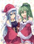 ;d blue_eyes blue_hair breasts cleavage collar corset duel_monster gishki_ariel green_eyes green_hair hands hat highres holding_hands long_hair medium_breasts multiple_girls normaland one_eye_closed open_mouth ponytail santa_costume santa_hat smile winda_priestess_of_gusto yuu-gi-ou 