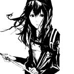  black_hair greyscale highres hood hoodie karasuma_kyouko karasuma_kyouko_no_jikenbo looking_at_viewer monochrome siroiyuki sketch solo sword weapon 