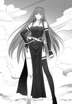  alternate_costume aozaki_aoko bare_shoulders belt breasts cleavage contrapposto detached_sleeves dress dust_cloud garters greyscale hair_intakes hand_on_hip highres large_breasts long_hair mahou_tsukai_no_yoru monochrome sheath sheathed shirotsumekusa short_sword side_slit single_thighhigh solo standing sword thighhighs weapon 