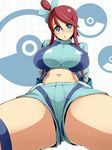  blue_eyes breasts duplicate fuuro_(pokemon) gym_leader hair_ornament jpeg_artifacts large_breasts midriff navel pokemon pokemon_(game) pokemon_bw red_hair shorts solo thick_thighs thighs torathi 