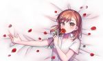  1girl 4b bangs bed_sheet brown_eyes brown_hair collared_shirt dress_shirt eyebrows_visible_through_hair flower hair_flower hair_ornament hand_up holding holding_flower long_hair looking_at_viewer lying misaka_mikoto on_back outstretched_arm petals red_flower red_rose rose rose_petals shirt short_sleeves solo to_aru_kagaku_no_railgun to_aru_majutsu_no_index white_flower white_shirt 