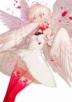  bare_shoulders blonde_hair breasts choker cotta covering_mouth dress feathered_wings feathers frills grey_eyes harpy highres monster_girl multiple_wings original petals red_legwear short_hair small_breasts solo thighhighs white_dress wings 