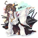  bare_shoulders black_legwear blush brown_hair character_name cup detached_sleeves double_bun frilled_skirt frills hair_ornament hairband headgear japanese_clothes kantai_collection kongou_(kantai_collection) long_hair noa030 nontraditional_miko open_mouth ribbon-trimmed_sleeves ribbon_trim sitting skirt smile solo spilling tea teacup thighhighs 