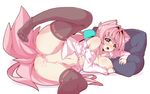  animal_ears black_legwear blush breasts cum cum_in_pussy green_eyes highres large_breasts long_hair open_mouth original pillow pink_hair rikumaru simple_background skirt solo souffle_gamberetto spread_legs tail thighhighs white_background 