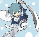  blue_eyes blue_hair cape foreshortening gloves hair_ornament hairclip hibimegane magical_girl mahou_shoujo_madoka_magica miki_sayaka short_hair solo soul_gem sword thighhighs weapon 