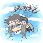  blue_eyes cape chibi enemy_aircraft_(kantai_collection) feiton highres kantai_collection monster open_mouth pantyhose shinkaisei-kan silver_hair solo translated turret wo-class_aircraft_carrier 