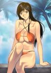  arm_support bikini black_hair blush breasts brown_eyes cleavage cloud covered_nipples day dead_or_alive hair_tubes halterneck homare_(fool's_art) kokoro_(doa) large_breasts long_hair looking_at_viewer navel o-ring o-ring_bikini o-ring_bottom outdoors palm_tree sitting sky solo swimsuit tree 
