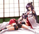  akatsuki_akane black_hair breasts detached_sleeves fusou_(kantai_collection) hair_ornament hand_on_another's_head japanese_clothes kantai_collection lap_pillow large_breasts long_hair lying multiple_girls red_eyes sleeping yamashiro_(kantai_collection) 