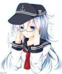  bespectacled blue_eyes ginzake_(mizuumi) glasses hat hibiki_(kantai_collection) kantai_collection long_hair open_mouth school_uniform serafuku silver_hair solo translation_request 