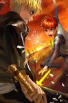  bad_id bad_pixiv_id battle blonde_hair duel emiya_shirou fang fate/stay_night fate_(series) gilgamesh kfr male_focus multiple_boys open_mouth raglan_sleeves red_eyes red_hair torn_clothes unlimited_blade_works yellow_eyes 