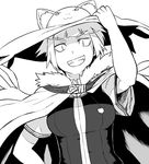  animal_ears belt breasts cape cat_ears eyebrows fur greyscale grin hat kuraishi_tanpopo large_breasts monochrome school_uniform sharp_teeth short_hair smile solo teeth tsukudani_(coke-buta) tsurime witch_craft_works 