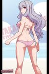  ass bikini breasts character_name dimples_of_venus from_behind hairband idolmaster idolmaster_(classic) long_hair medium_breasts pink_eyes revision shijou_takane shiny shiny_skin sideboob silver_hair smile solo spike_wible swimsuit trefoil windowboxed 