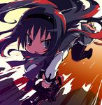  :o akemi_homura argyle argyle_legwear bangs black_hair black_legwear blush blush_stickers floating_hair gatling_gun gun hairband holding holding_gun holding_weapon long_hair long_sleeves m134_minigun mahou_shoujo_madoka_magica pantyhose pleated_skirt purple_eyes skirt solo weapon zankuro 