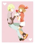  1girl bad_id bad_pixiv_id bandana bike_shorts blue_eyes blush brown_hair flower gloves green_eyes green_hair haruka_(pokemon) heart hetero jacket mei_(maysroom) pokemon pokemon_(anime) pokemon_ag red_flower red_rose rose short_hair shorts shorts_under_skirt shuu_(pokemon) 